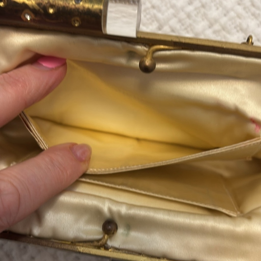 Vintage Hand Beaded Clutch by Josef satin interior lucite & metal opening - Picture 13 of 15